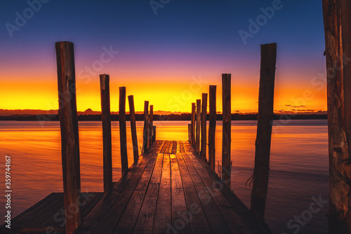 pier, dusk, sunset, water, bridge and nature