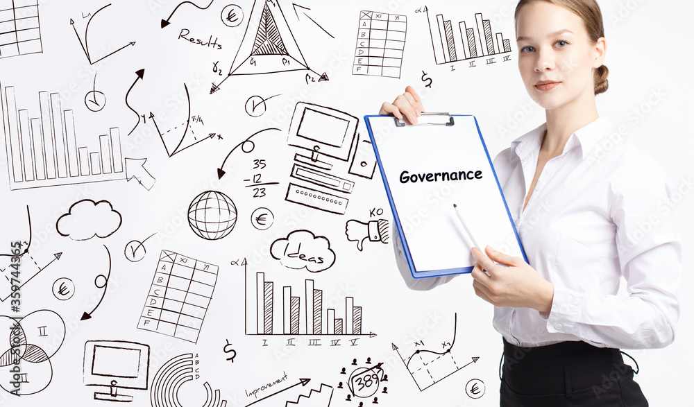 Business, technology, internet and network concept. Young businessman thinks over the steps for successful growth: Governance Business, technology, internet and network concept. Young businessman thinks over the steps for successful growth: Governance