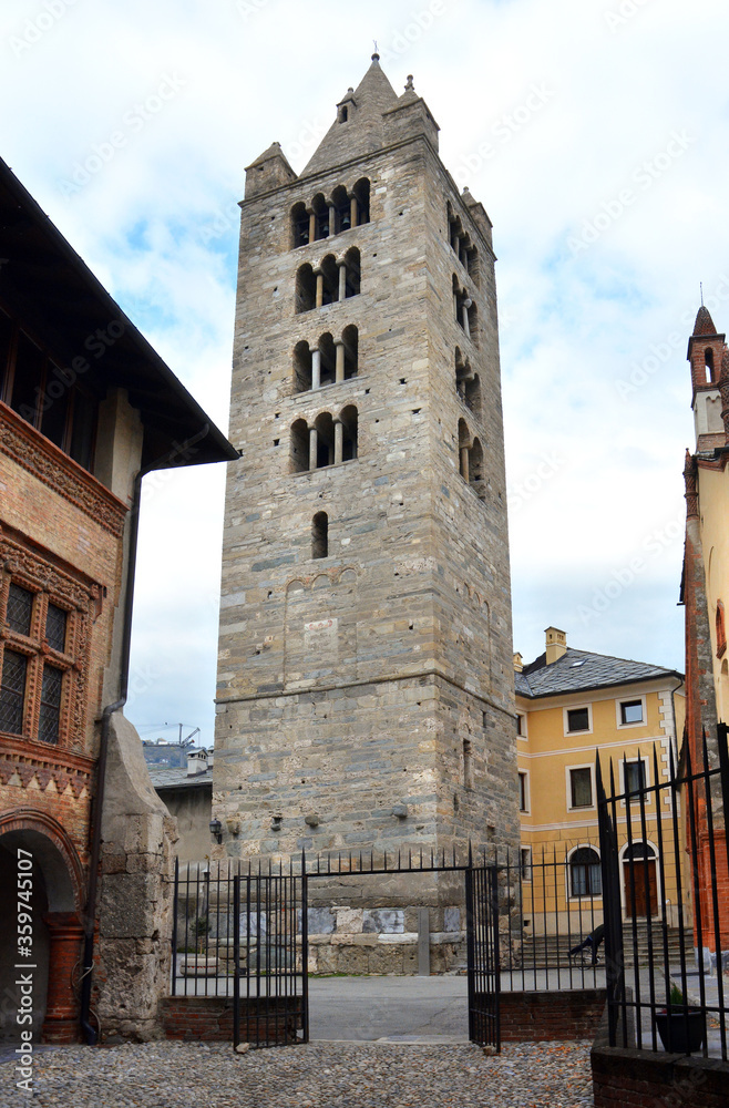Aosta, Aosta Valley, Italy-The bell tower of the collegiate church of Sant'Orso.