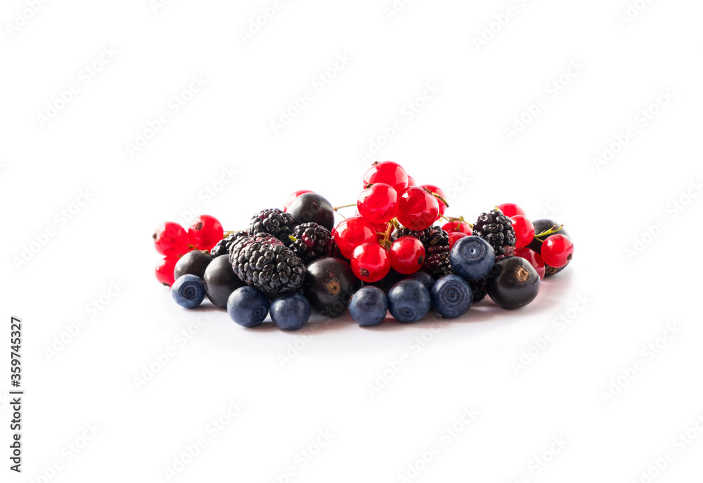 Fruits, berries isolated on white background. Fruits and berries with copy space for text. Red currant, blackcurrant, blueberry, mulberry. Mixed berries isolated on white background. Berries close-up. Fruits, berries isolated on white background. Fruits and berries with copy space for text. Red currant, blackcurrant, blueberry, mulberry. Mixed berries isolated on white background. Berries close-up.