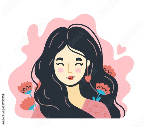 Portrait of woman in love with flowers around on a pink background. Hand-drawn character  face  head  avatar. Vector isolated illustration.