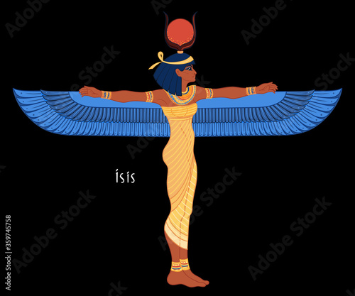 Isis, goddess of life and magic in Egyptian mythology. One of the greatest goddesses of Ancient Egypt, protects women, children, heals sick. Vector illustration over aged background. Winged woman.