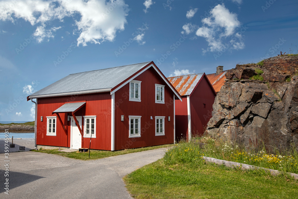 Red seahouses on Nes, the island of Vega in Nordland county
