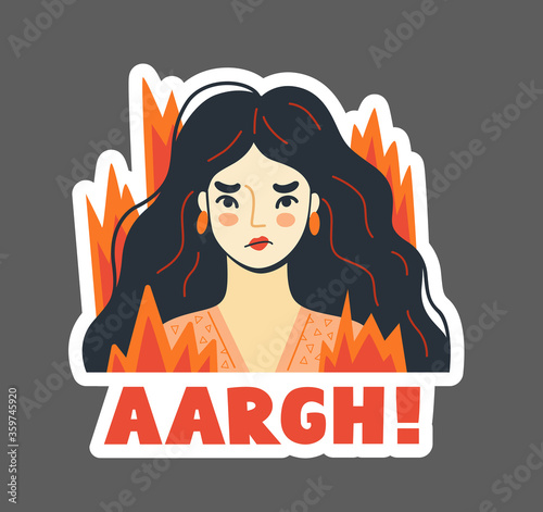 Angry furious woman with fluttering hair on fire exclaims aargh. Stressed irritated girl. Vector hand-drawn illustration.