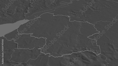 South Gloucestershire, unitary authority with its capital, zoomed and extruded on the bilevel map of England in the conformal Stereographic projection. Animation 3D photo