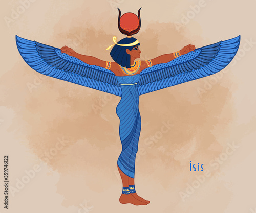 Isis, goddess of life and magic in Egyptian mythology. One of the greatest goddesses of Ancient Egypt, protects women, children, heals sick. Vector illustration over aged background. Winged woman.