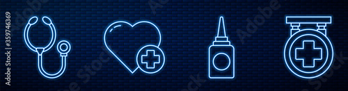 Set line Bottle nasal spray, Stethoscope, Heart with a cross, Hospital signboard and Shield and heart rate. Glowing neon icon on brick wall. Vector...
