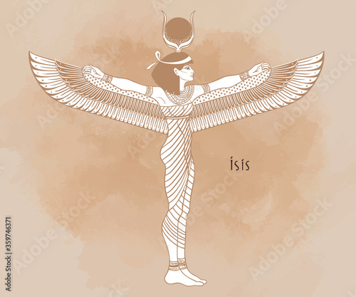 Isis, goddess of life and magic in Egyptian mythology. One of the greatest goddesses of Ancient Egypt, protects women, children, heals sick. Vector illustration over aged background. Winged woman.