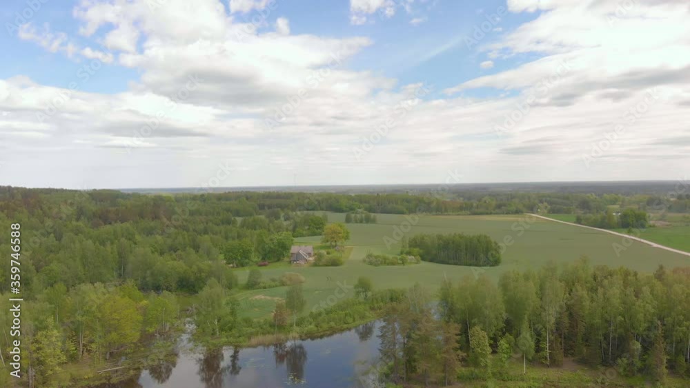 Bird's view over lake of beautiful park in Kurzeme, Latvia, cloudy day Bird's view over lake of beautiful park in Kurzeme, Latvia, cloudy day