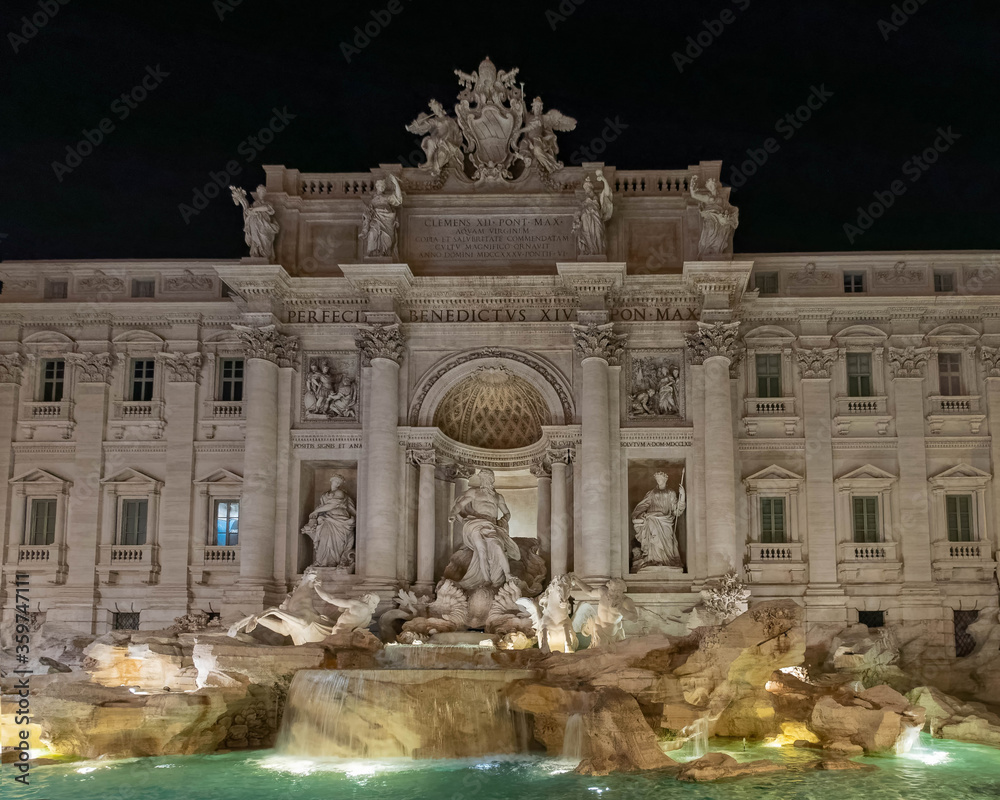 Rome Italy, facade of the famous trevi fountain night view illuminated