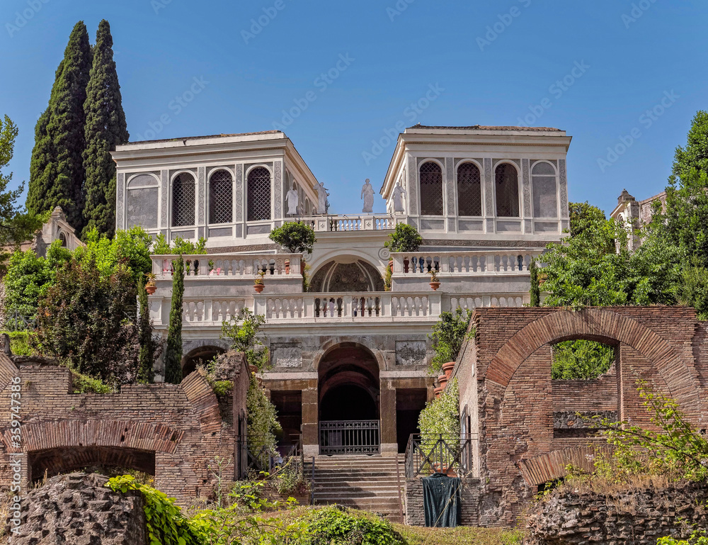the renaissance Farnese aviaries fully restored building standing between the gardens on palatine hill, Rome Italy
