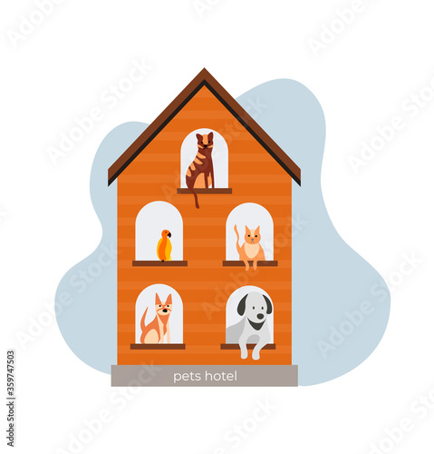 Hotel for pets filled with dogs, cat, parrot. Dogs and cats stay in hotel for pet. Modern flat cartoon style. Vector illustration on white background