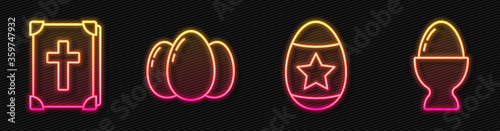 Set line Easter egg, Holy bible book, Easter eggs and Easter egg on a stand. Glowing neon icon. Vector