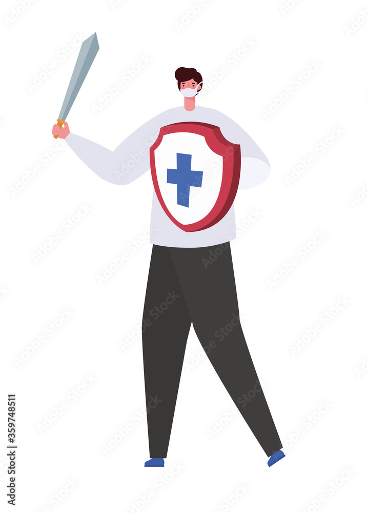 Man with mask sword and shield with cross design of Fight covid 19 virus and stop spread theme Vector illustration Man with mask sword and shield with cross design of Fight covid 19 virus and stop spread theme Vector illustration