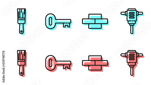 Set line Bricks, Paint brush, Old key and Electric rotary hammer drill icon. Vector