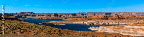 A panorama of Lake Powell and cliff backdrop near to Page  Arizona