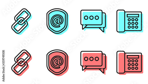 Set line Speech bubble chat, Chain link, Shield with mail and e-mail and Telephone icon. Vector