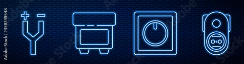 Set line Electric light switch, Electric cable, Fuse and Electrical outlet. Glowing neon icon on brick wall. Vector