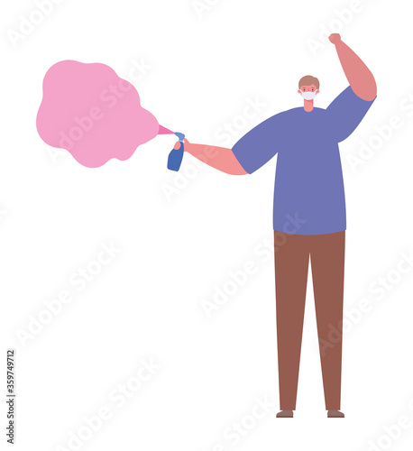 Man with mask and spray bottle design of Fight covid 19 virus and stop spread theme Vector illustration