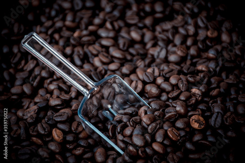 glass scoop inside coffee beans