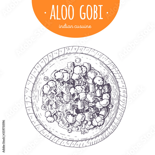 Aloo gobi top view vector illustration. Indian cuisine. Linear graphic.