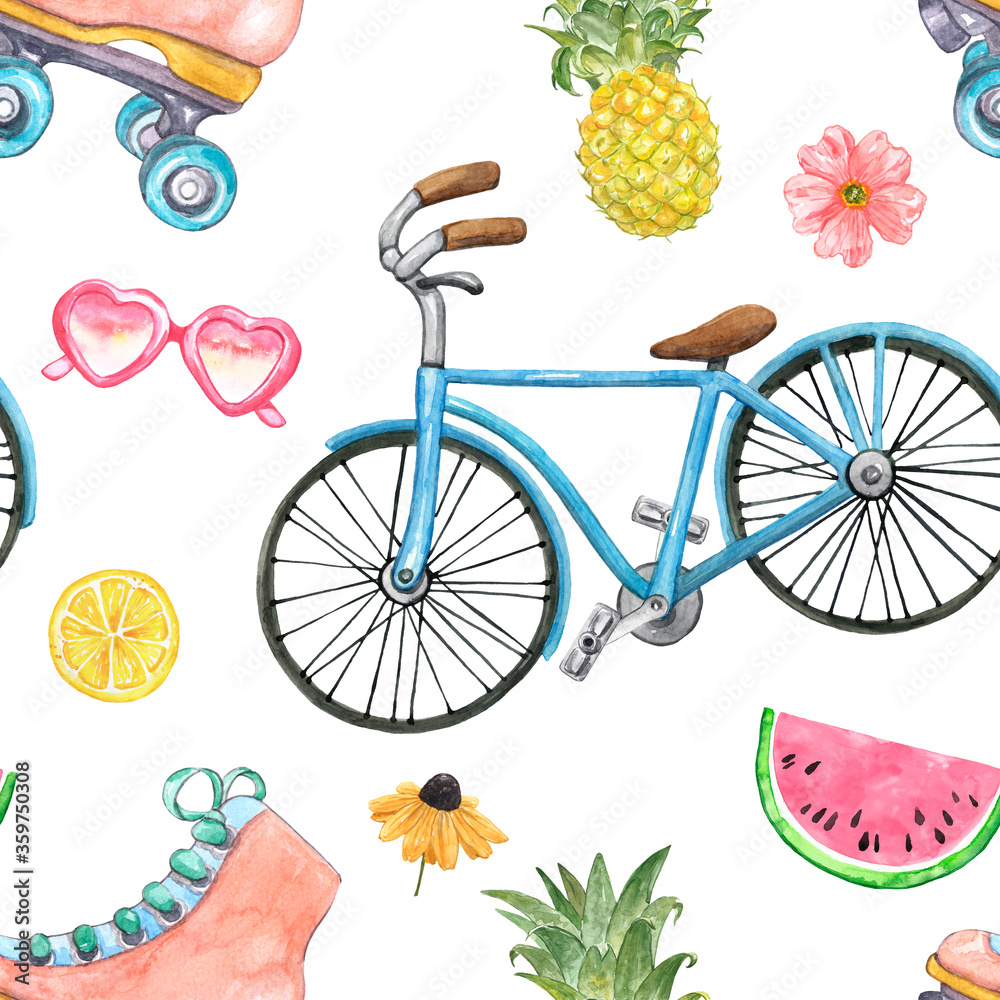 Φωτογραφία Watercolor cute summer vacation vibes seamless pattern with beach bicycle, roller skates, sunglasses, pineapple, watermelon on white background