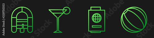 Set line Passport with ticket, Rafting boat, Martini glass and Beach ball. Gradient color icons. Vector
