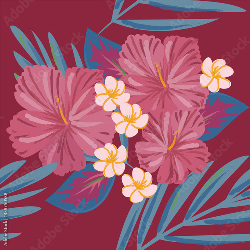 Tropical flowers seamless pattern vector. Hibiscus and palm leaves. Editable colors. Watercolor style.