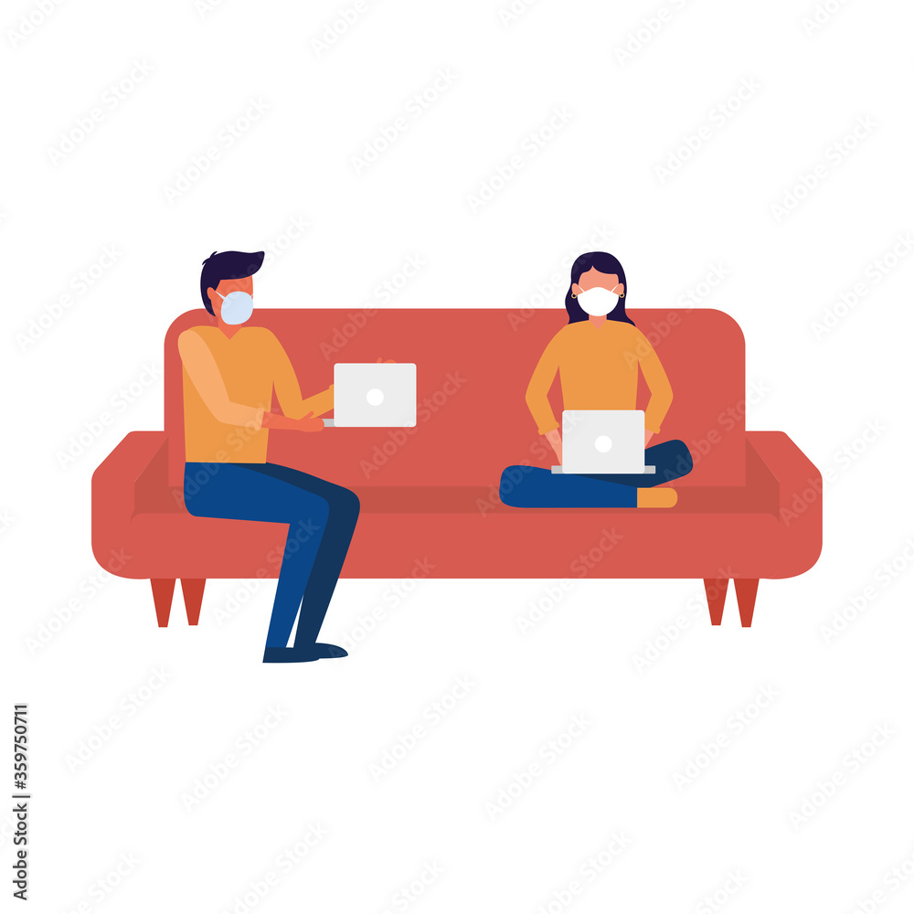 Woman and man with medical mask and laptop on couch vector design