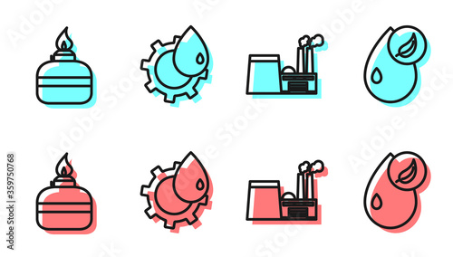 Set line Oil industrial factory building, Alcohol or spirit burner, Oil industrial factory building and Bio fuel icon. Vector