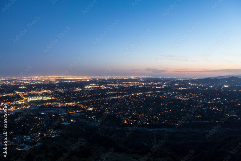 Dusk mountaintop view of Los Angeles, Pasadena and Glendale in Southern California.