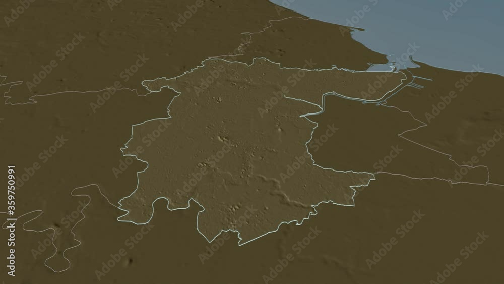Stockton-on-Tees, unitary authority with its capital, zoomed and extruded on the administrative map of England in the conformal Stereographic projection. Animation 3D Stockton-on-Tees, unitary authority with its capital, zoomed and extruded on the administrative map of England in the conformal Stereographic projection. Animation 3D