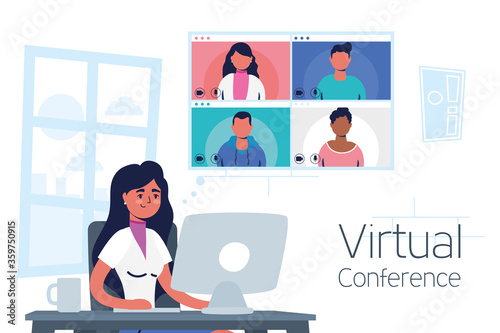 woman using desktop in virtual conference communication