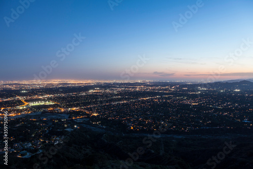 Dusk mountaintop view of Los Angeles  Pasadena and Glendale in Southern California.