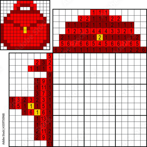 Japanese crossword. Colorful. Paint by number puzzle. Education game for children. Red bag