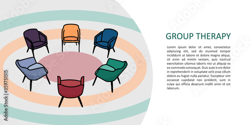 Psychology. Group therapy. The chairs are arranged in a circle. Concept of psychological problems. Example for landing page.