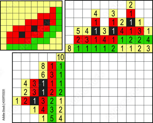 Japanese crossword. Colorful. Paint by number puzzle. Education game for children. Watermelon