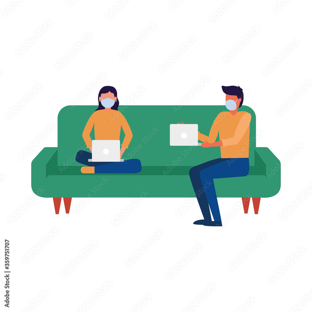 Woman and man with medical mask and laptop on couch vector design