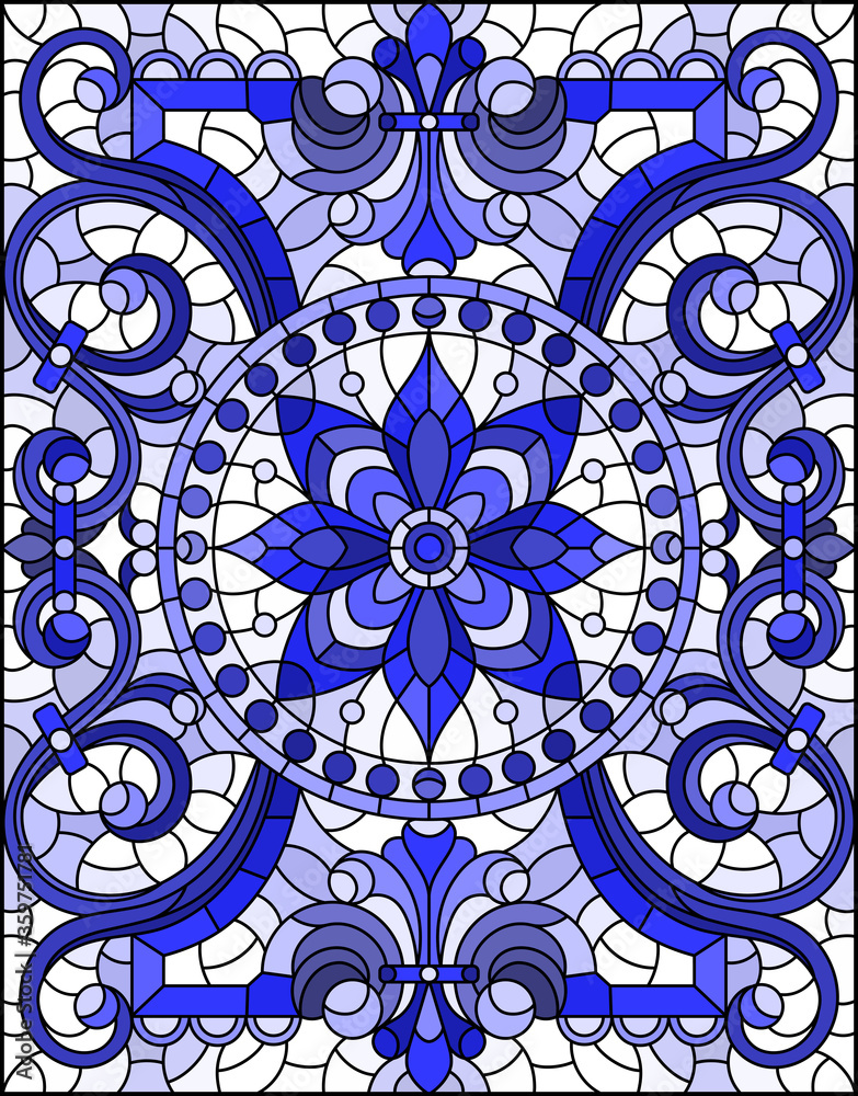 Illustration in stained glass style with abstract flowers, swirls and leaves  on a light background,vertical orientation, tone blue
