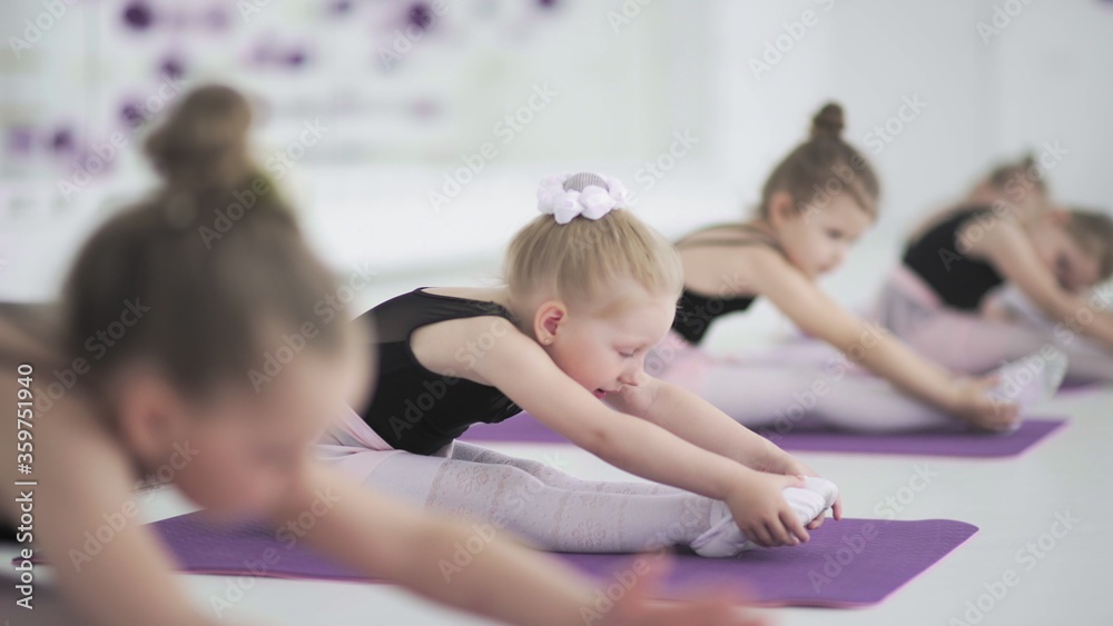 Cute little ballerinas stretching together at dancing school. Adorable little girl exercising at dance school, stretching before practicing ballet. Children, discipline concept