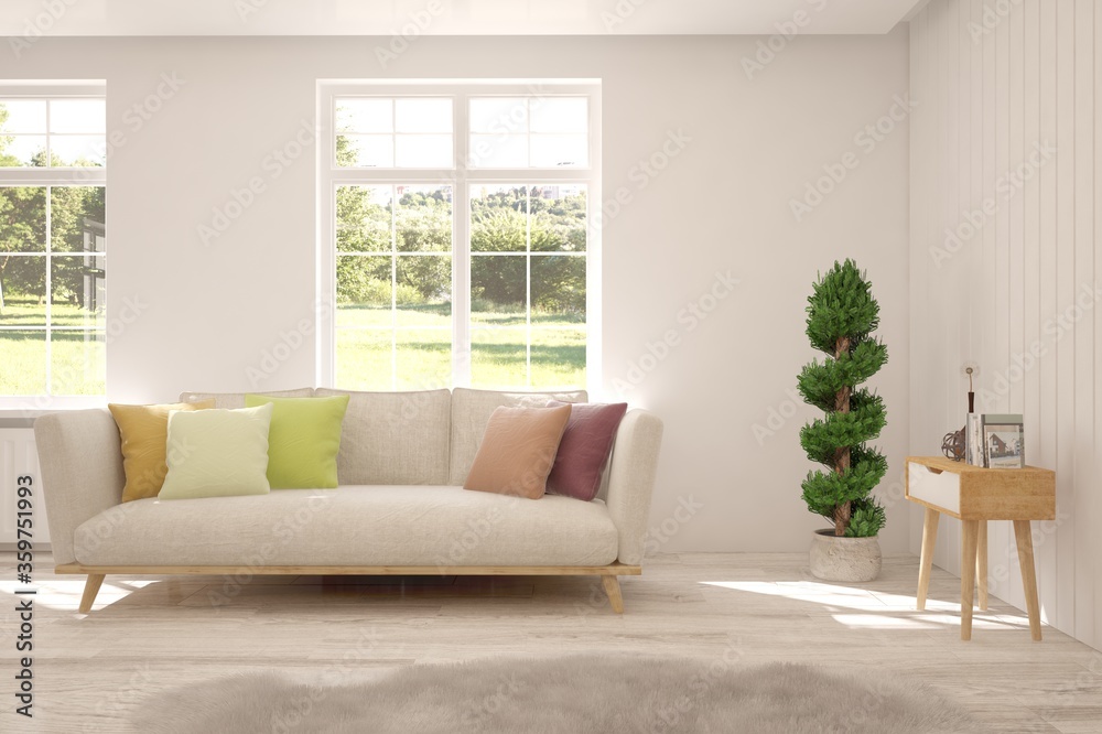 White living room with sofa and summer landscape in window. Scandinavian interior design. 3D illustration White living room with sofa and summer landscape in window. Scandinavian interior design. 3D illustration