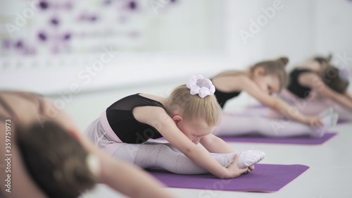 Cute little ballerinas stretching together at dancing school. Adorable little girl exercising at dance school, stretching before practicing ballet. Children, discipline concept