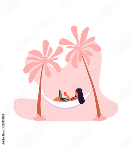 Vector illustration of a young girl in a bathing suit lying in a hammock. Character watching a movie on laptop. Traveling and tourism holidays paradise journey or trip.