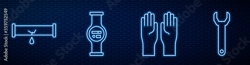 Set line Rubber gloves, Broken pipe with leaking water, Water meter and Wrench spanner. Glowing neon icon on brick wall. Vector.