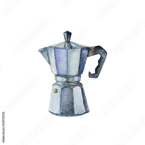 Watercolor moka pot for brewing coffee on white background photo