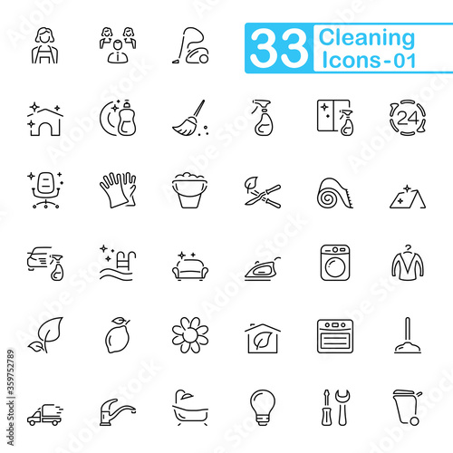 Cleaning outline icons. Set of cleaning outline icons, vector illustrations. Contains such as: window washing, household gloves, office cleaning, maid, washing up and more.