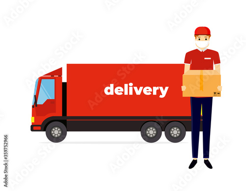 Coronavirus, covid 19 quarantine delivery. Online order and food or product express delivery concept. Courier with medical, protective, respiratory mask. Flat design modern vector illustration concept