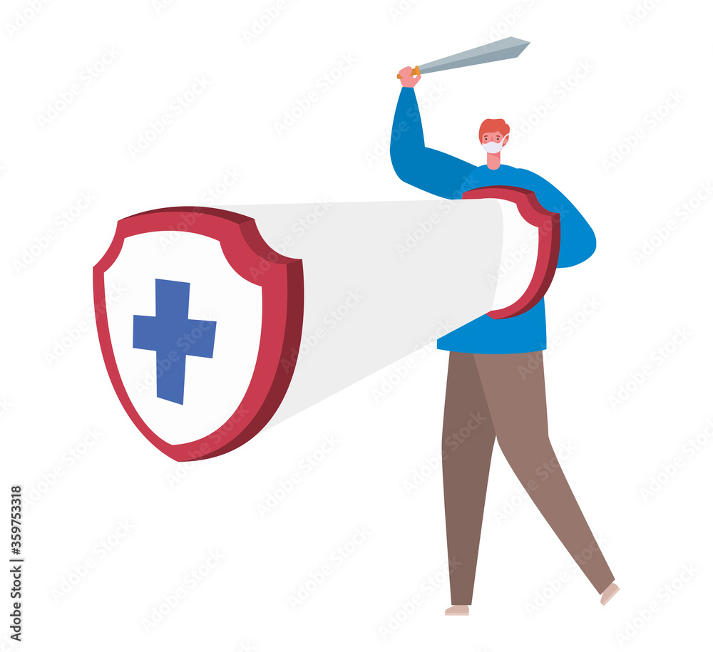Man with mask sword and shield with cross design of Fight covid 19 virus and stop spread theme Vector illustration