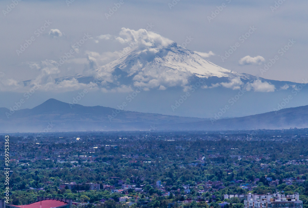Aerial view of Popocatepetl volcano in Mexico City