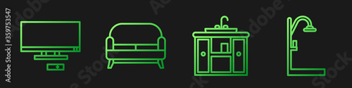 Set line Washbasin cabinet with tap, Smart Tv, Sofa and Shower. Gradient color icons. Vector.